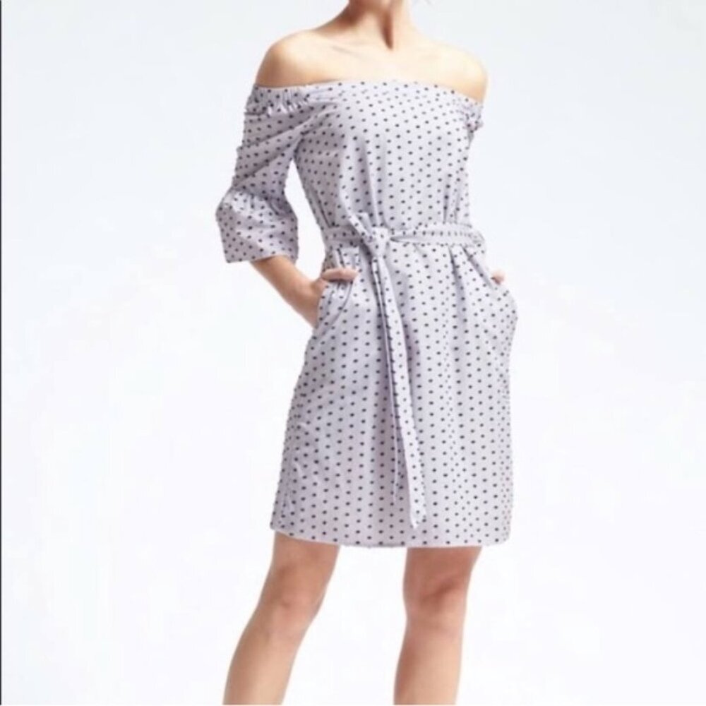 Banana Republic Cotton Off Shoulder Polka Dot Bell Sleeve Dress Pocket Preppy S